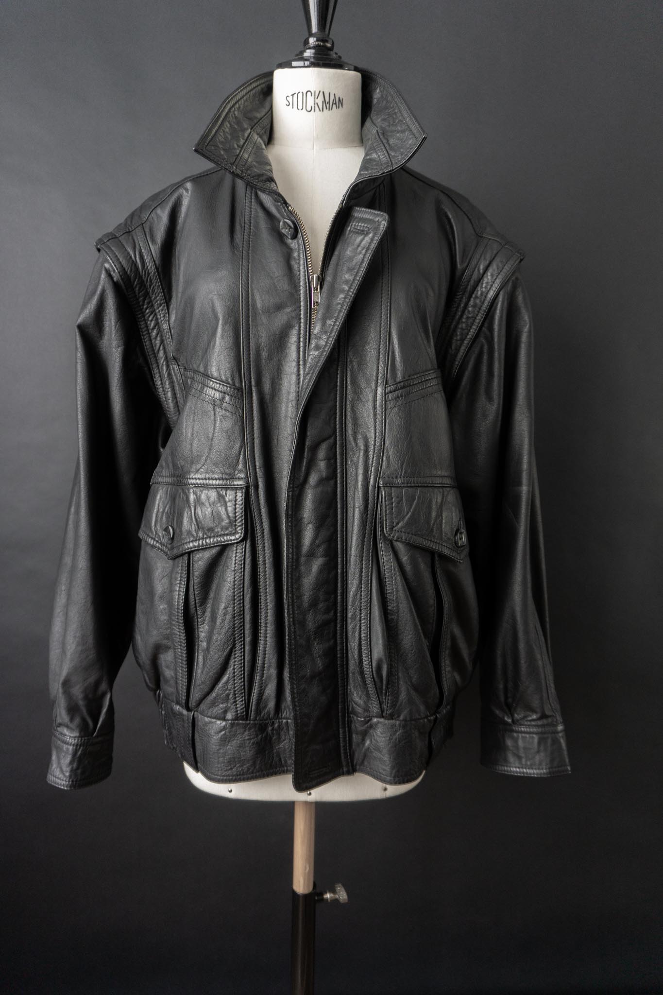Vintage 80s convertible Lederjacke, Schwarz, M–L