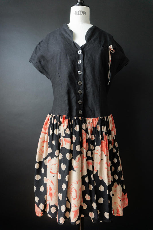 Vintage Vintage Leinen-Seidenkleid mit floralem Print, M–L