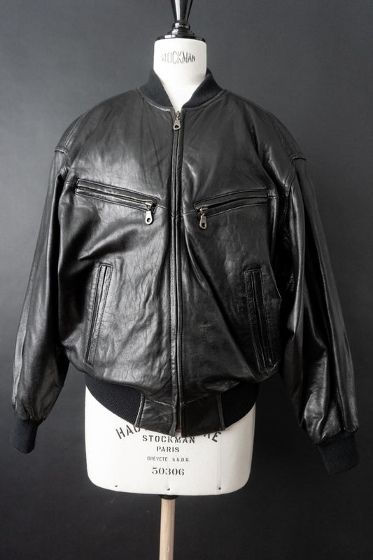 Vintage 80s Blouson Lederjacke, Schwarz, M–L