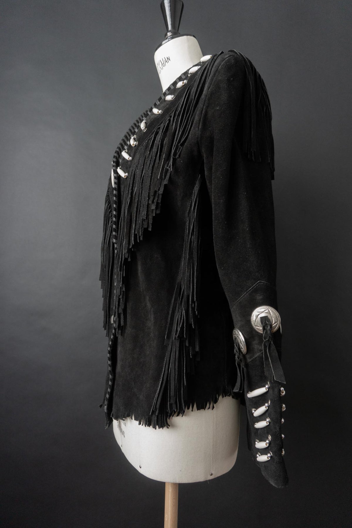 Vintage Western Lederjacke aus Veloursleder mit Fransen & Conchos, M–L