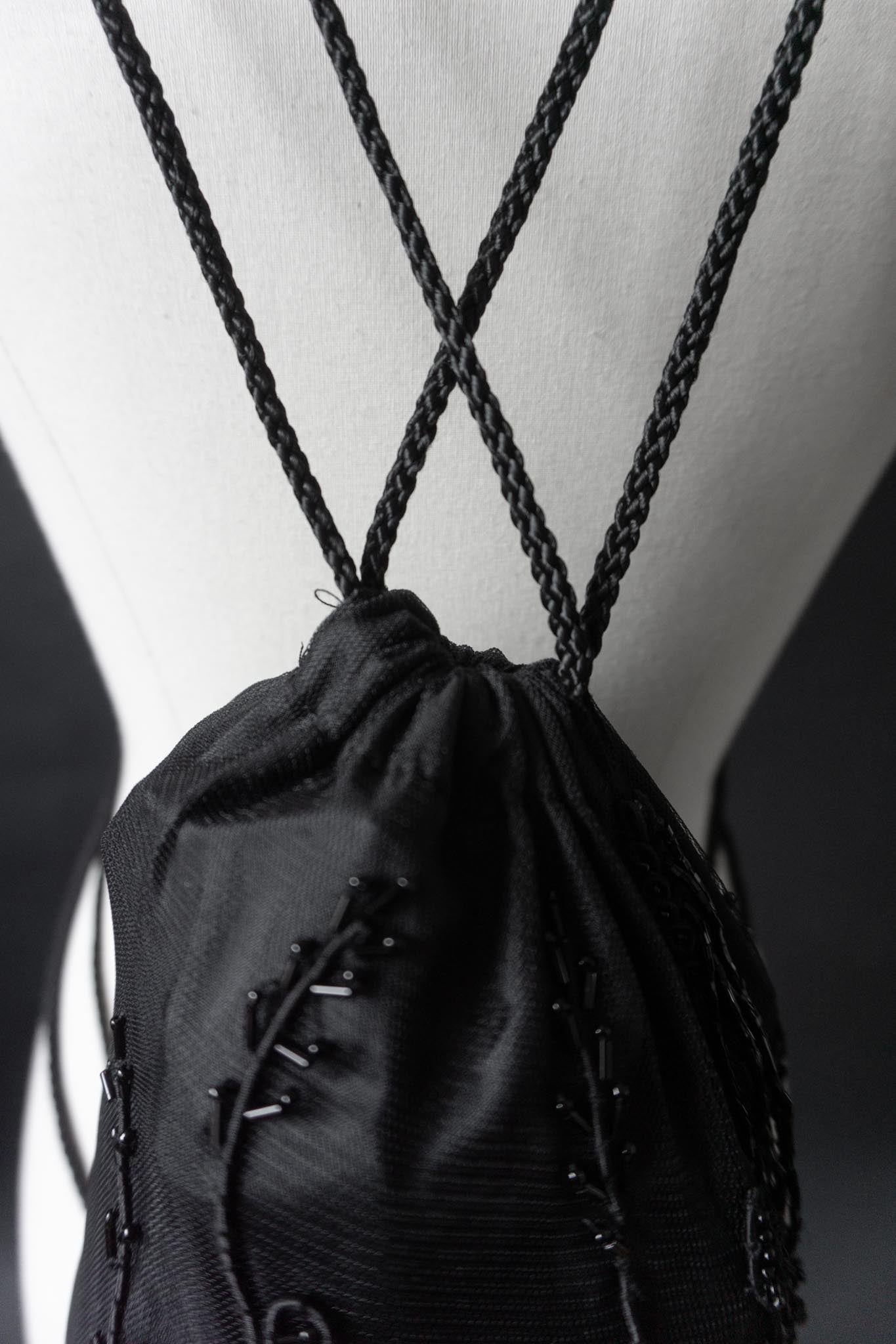 Vintage Whimsigoth Rucksack mit schwarzen Perlen und Fransen