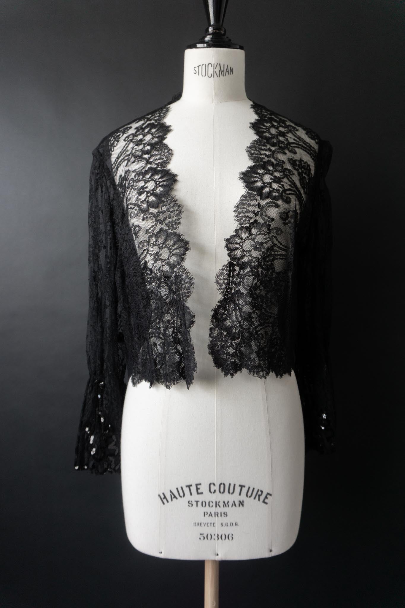 Vintage Spitzen-Bolero aus schwarzer Spitze mit Paillettenmanschetten, S–M