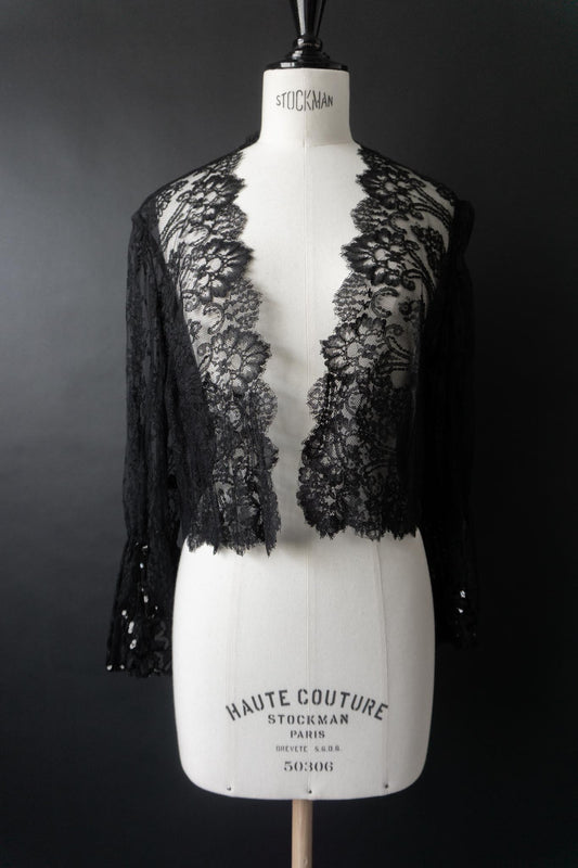 Vintage Spitzen-Bolero aus schwarzer Spitze mit Paillettenmanschetten, S–M