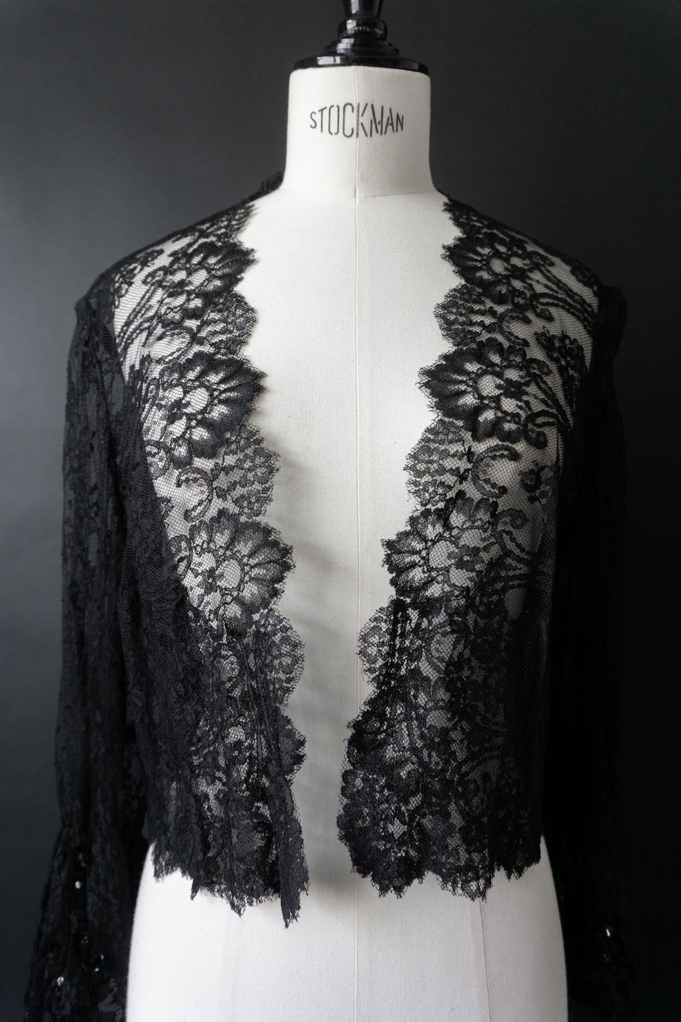 Vintage Spitzen-Bolero aus schwarzer Spitze mit Paillettenmanschetten, S–M