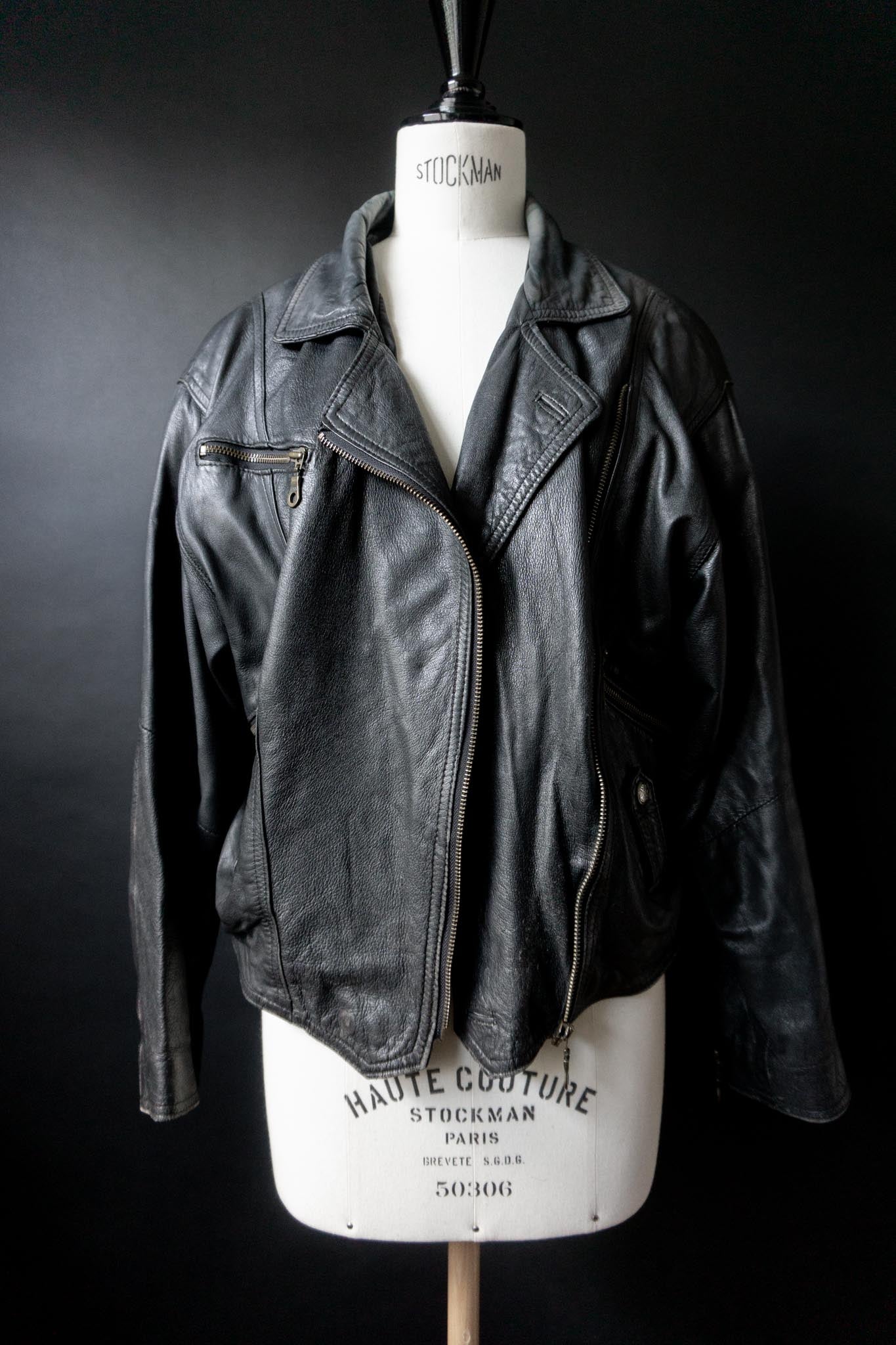 Vintage Lederjacke, Slouchy Bikerjacke mit Patina, M–L