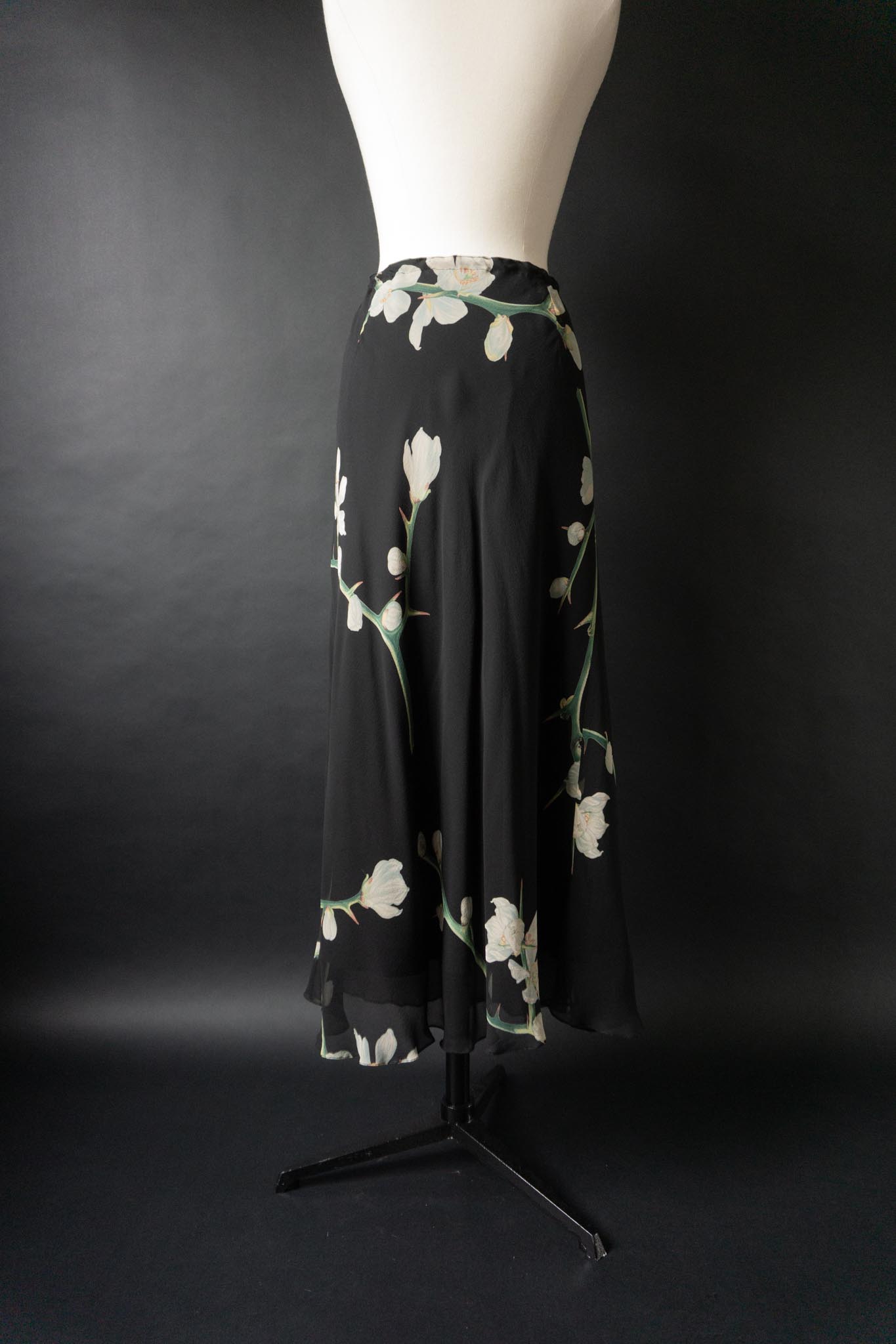 Vintage 90s Midirock, Seide, Orchideen, M–XL