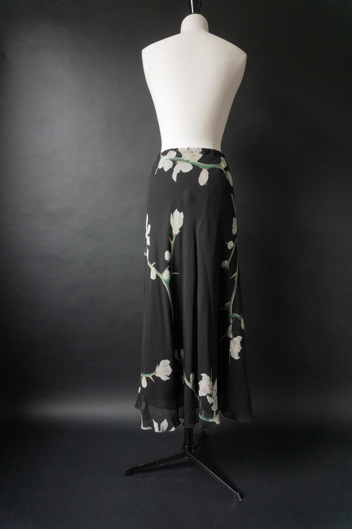 Vintage 90s Midirock, Seide, Orchideen, M–XL