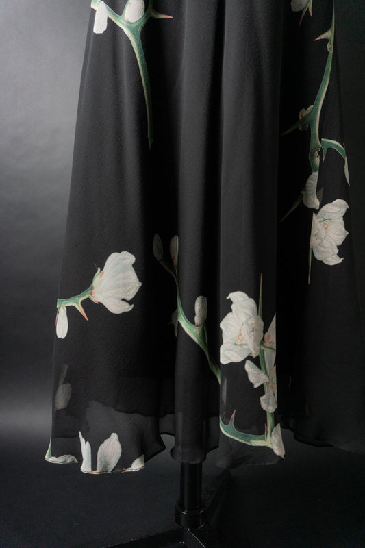 Vintage 90s Midirock, Seide, Orchideen, M–XL
