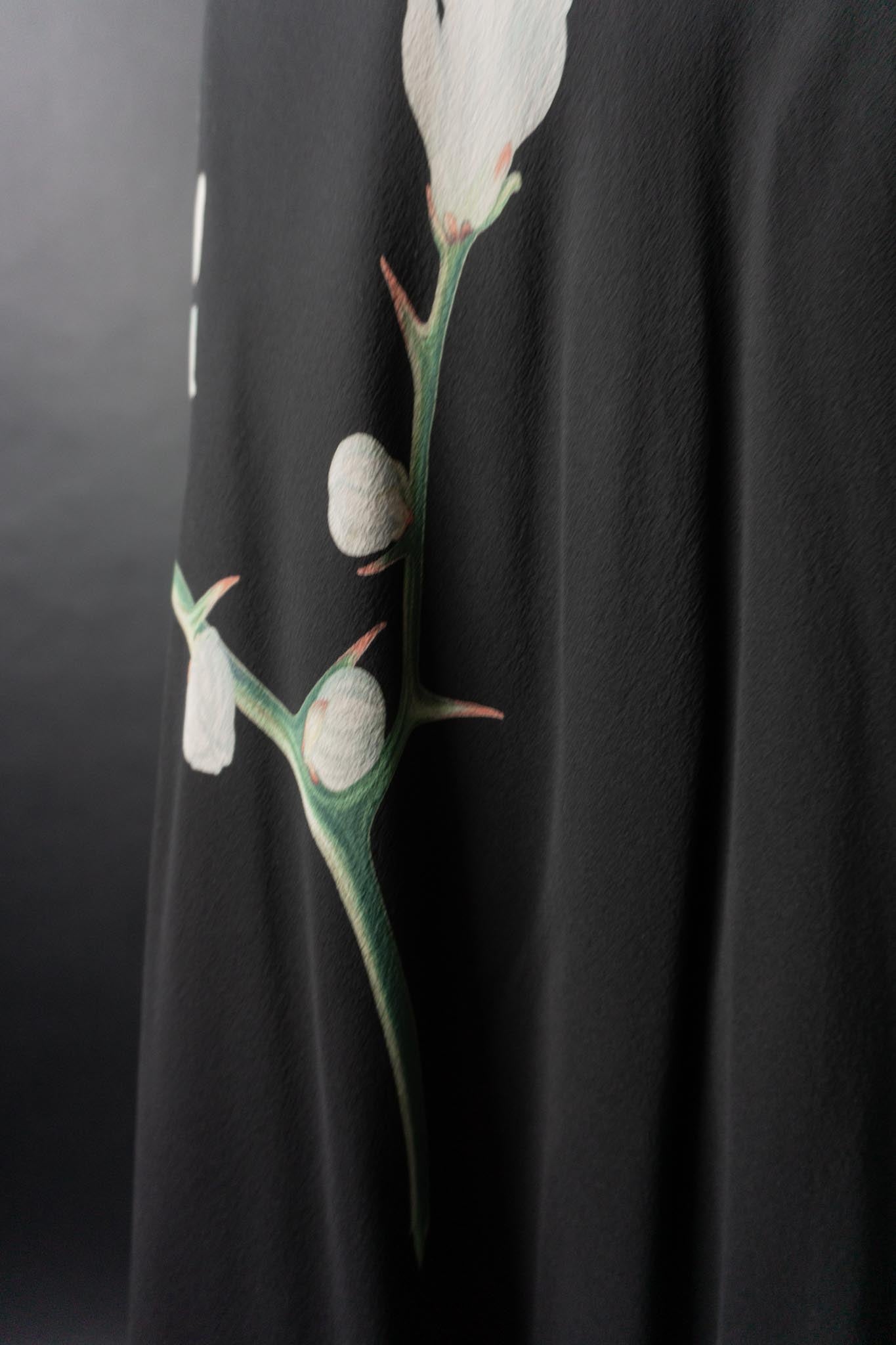 Vintage 90s Midirock, Seide, Orchideen, M–XL