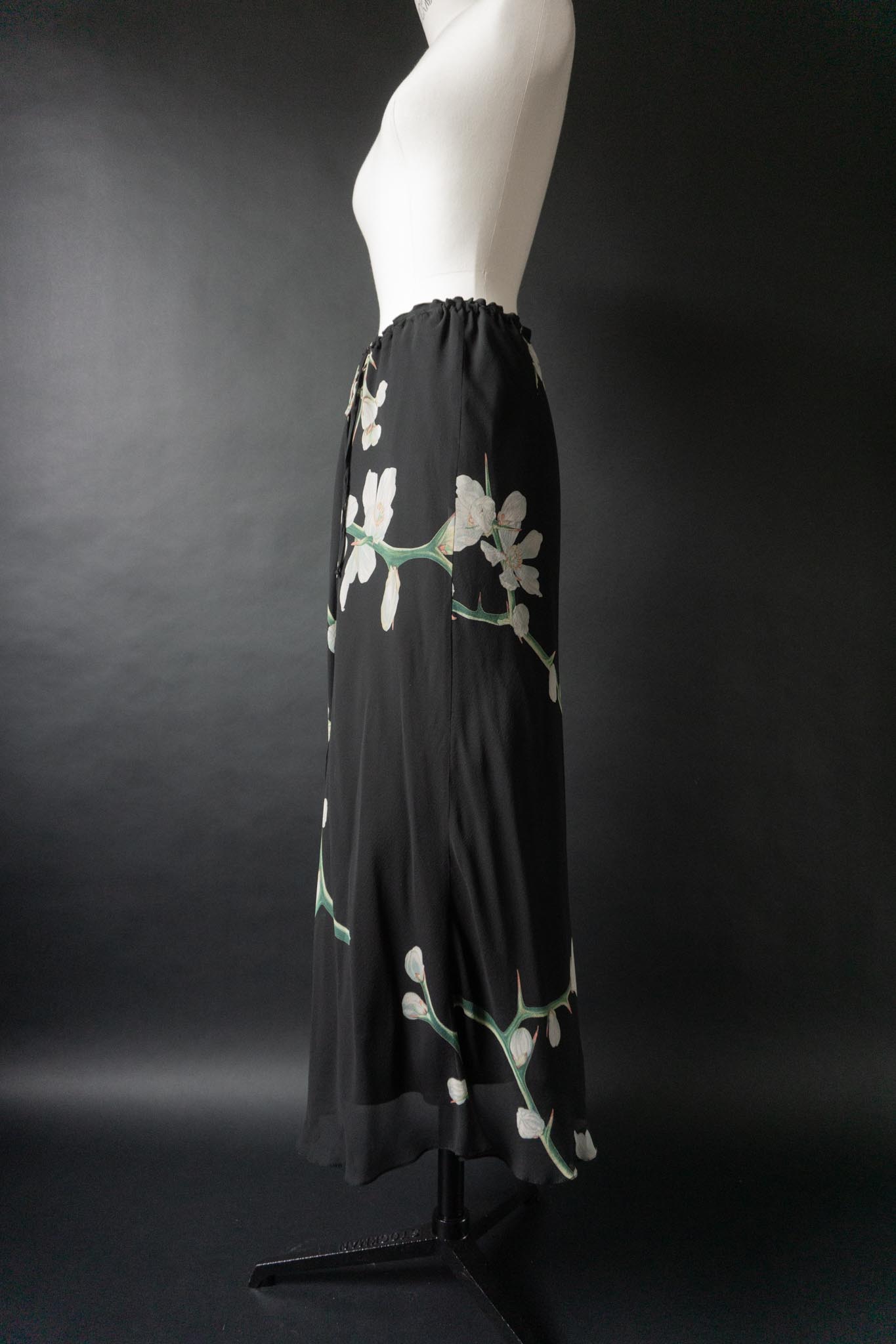 Vintage 90s Midirock, Seide, Orchideen, M–XL