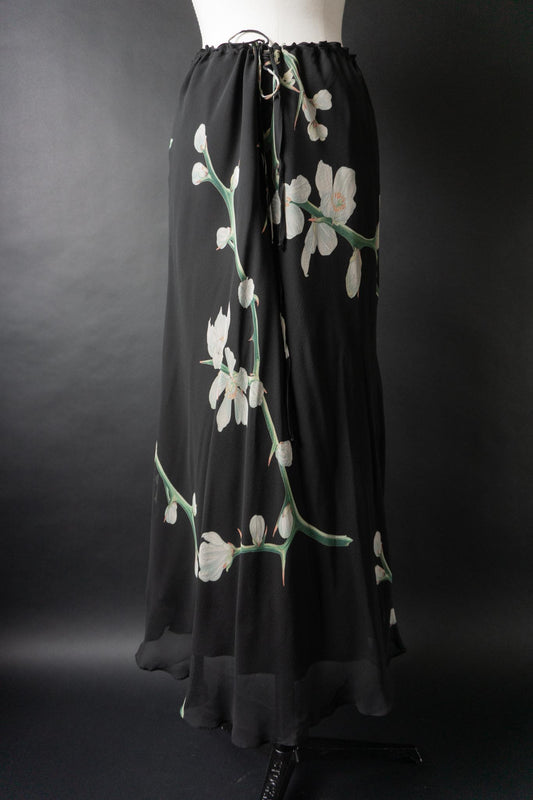 Vintage 90s Midirock, Seide, Orchideen, M–XL