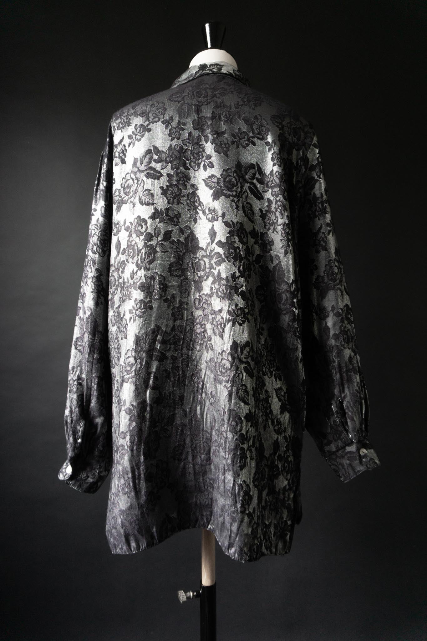Vintage 90s Bluse, Silver Roses, M-L