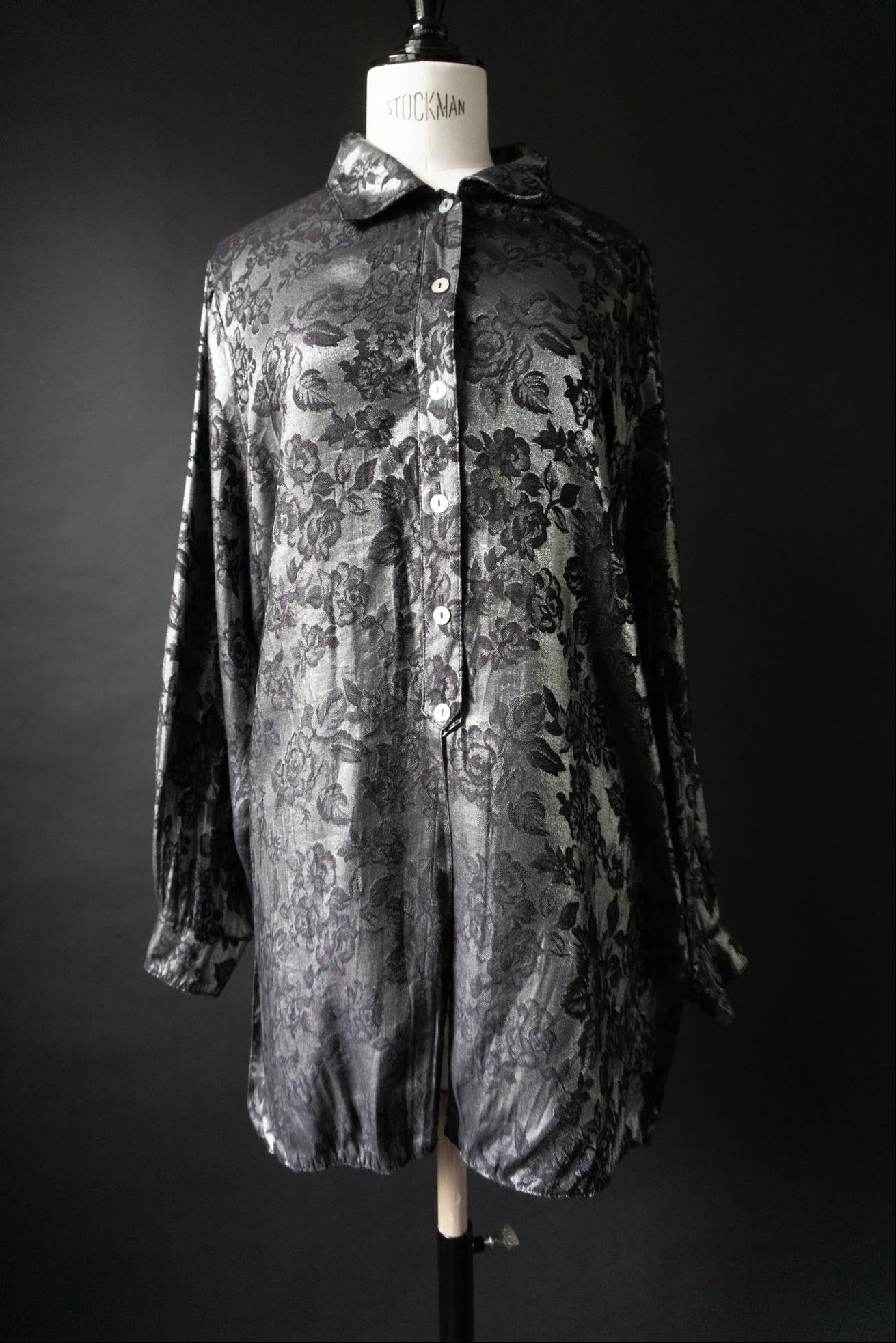 Vintage 90s Bluse, Silver Roses, M-L
