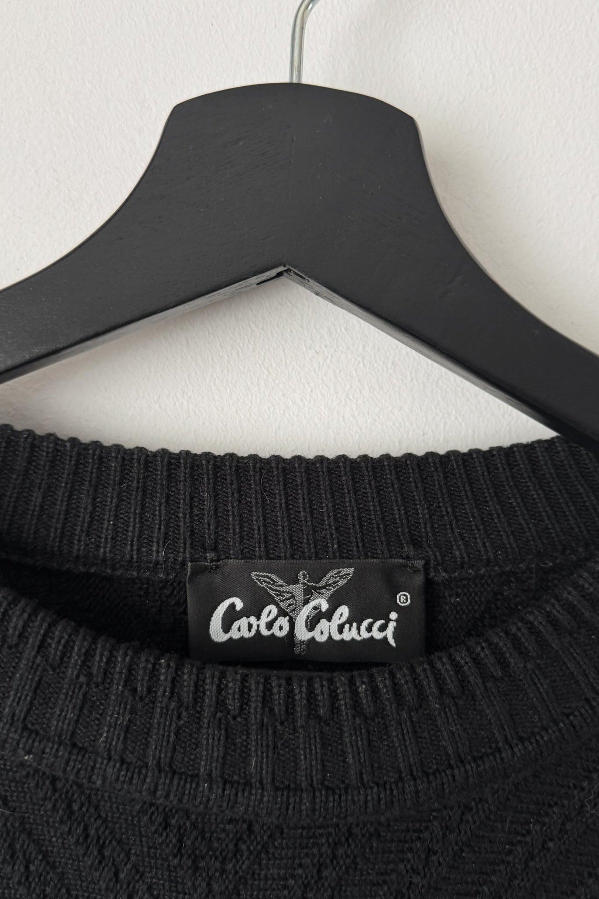 Vintage 90s Carlo Colucci Pullover – Schwarz mit Chevronmuster, XL