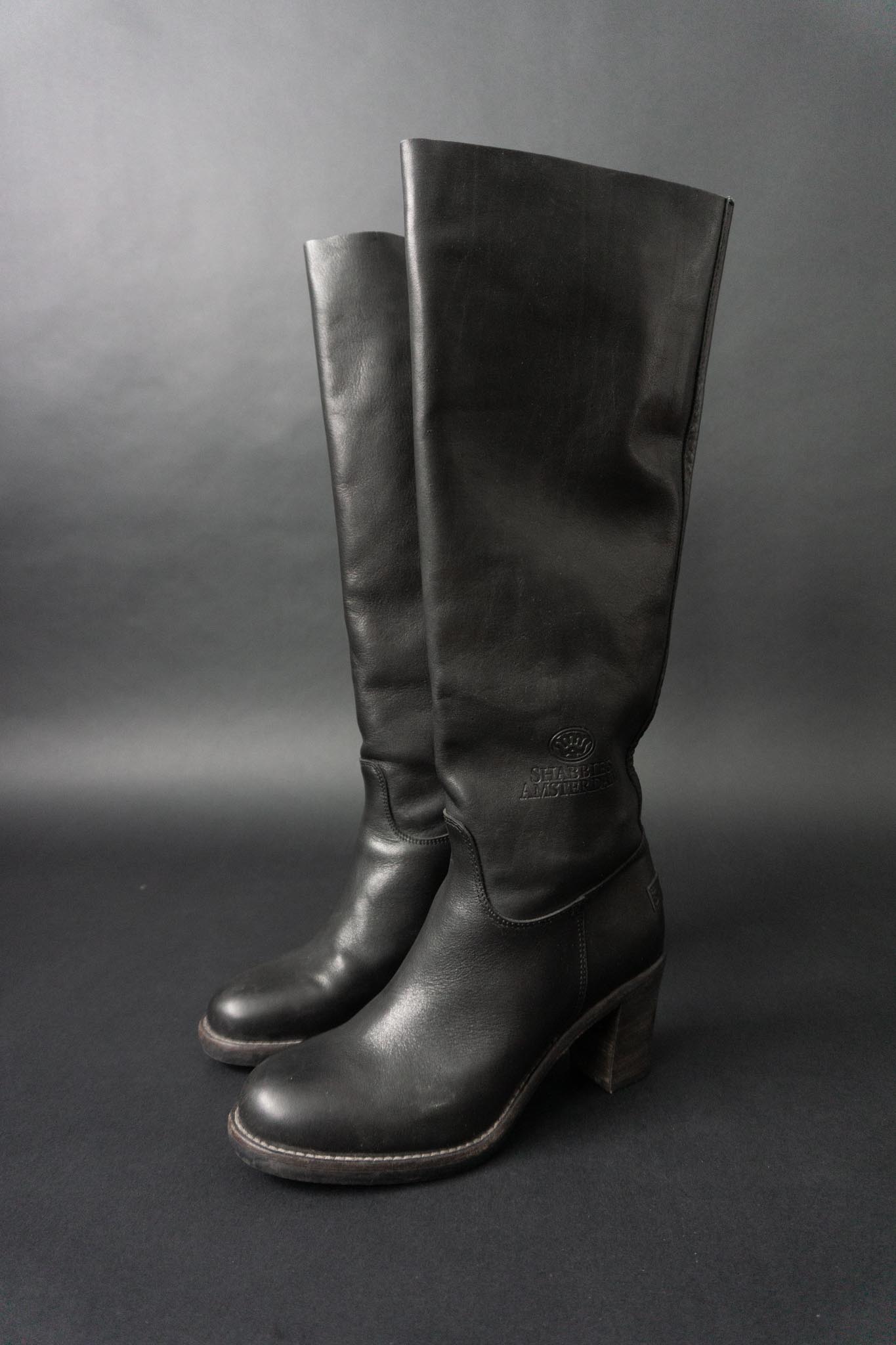 Shabbies Amsterdam Vintage Lederstiefel aus Echtleder – schwarzer Slouch Boot, 41
