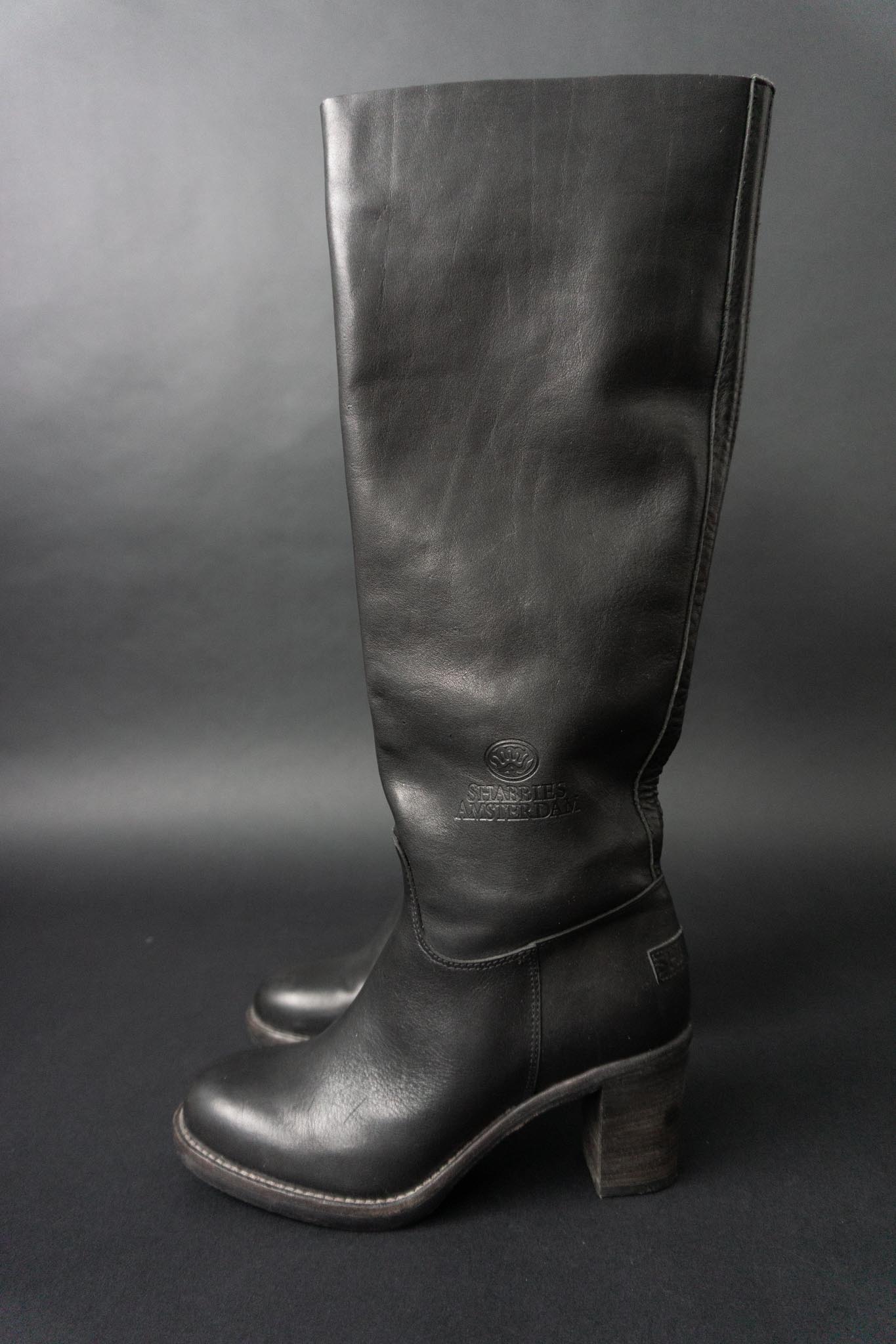 Shabbies Amsterdam Vintage Lederstiefel aus Echtleder – schwarzer Slouch Boot, 41