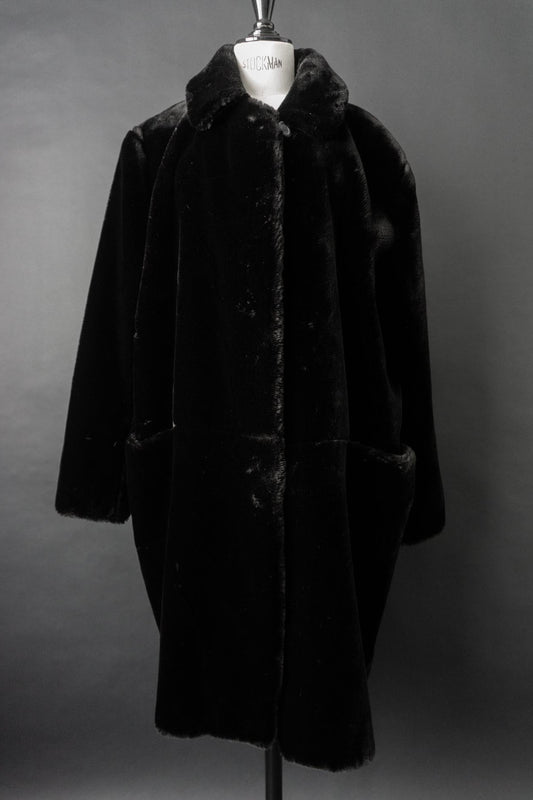 Vintage Fake Fur Mantel 80s Faux Fur, Schwarz, M–L