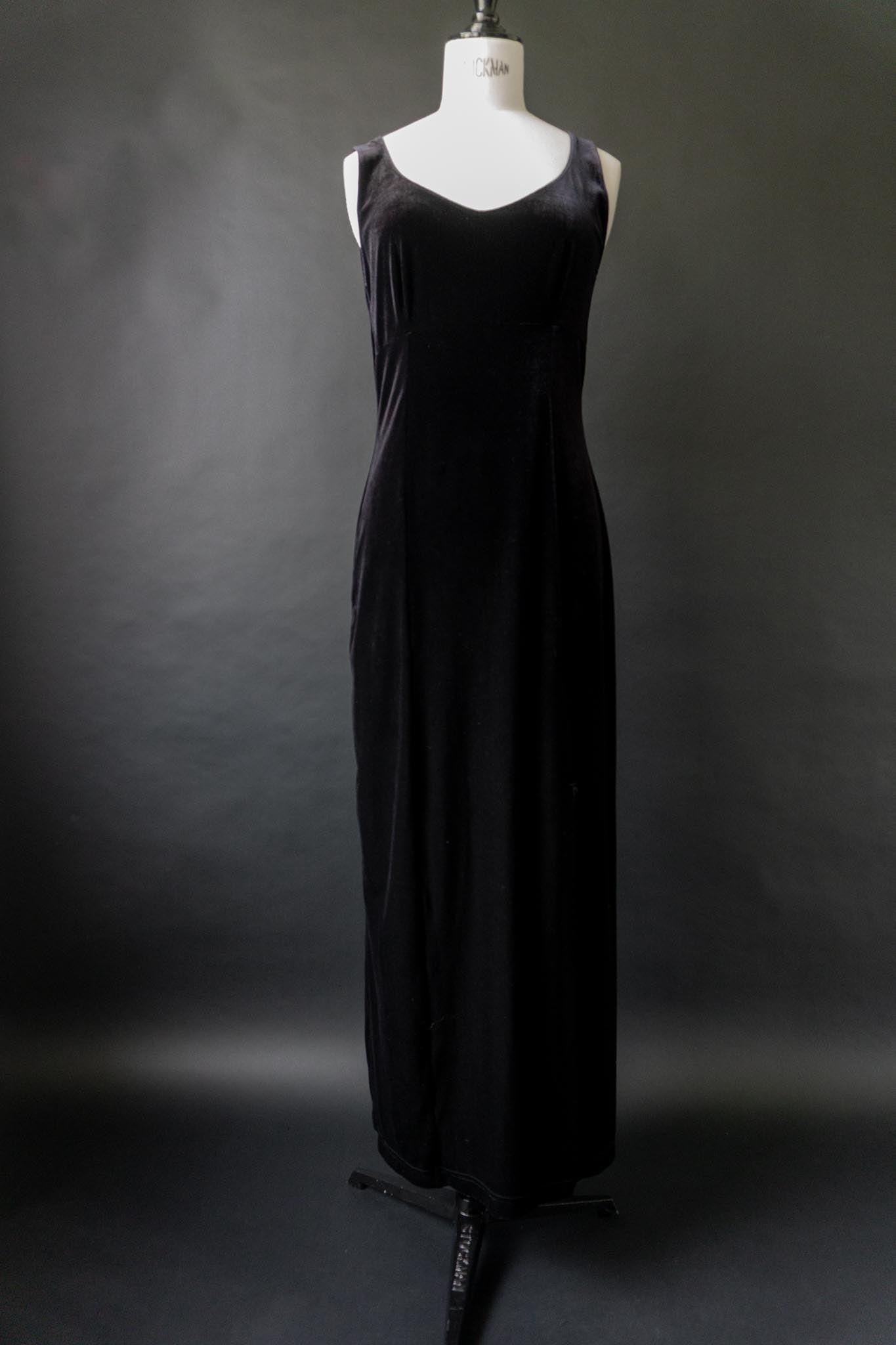 Vintage Maxikleid, schwarzer Samt, S–M