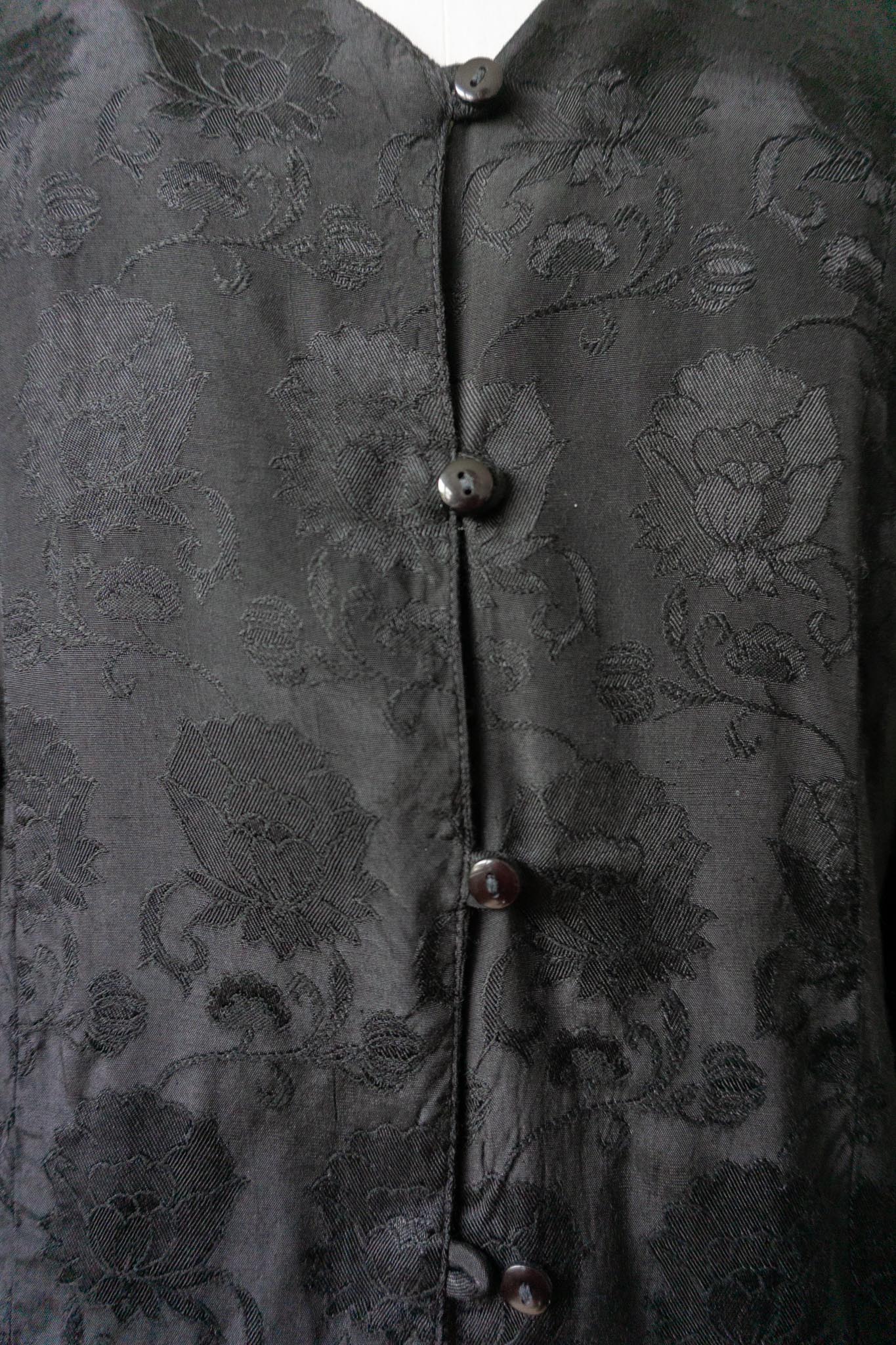 Vintage 80s Viskosebluse Schwarz mit floralem Jacquardmuster, S–M
