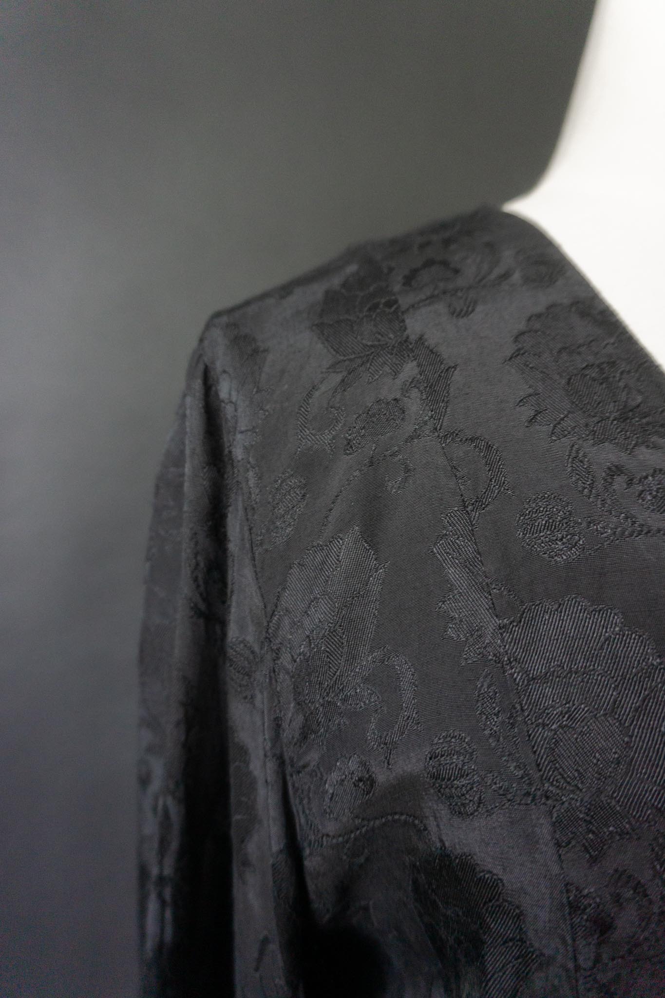 Vintage 80s Viskosebluse Schwarz mit floralem Jacquardmuster, S–M