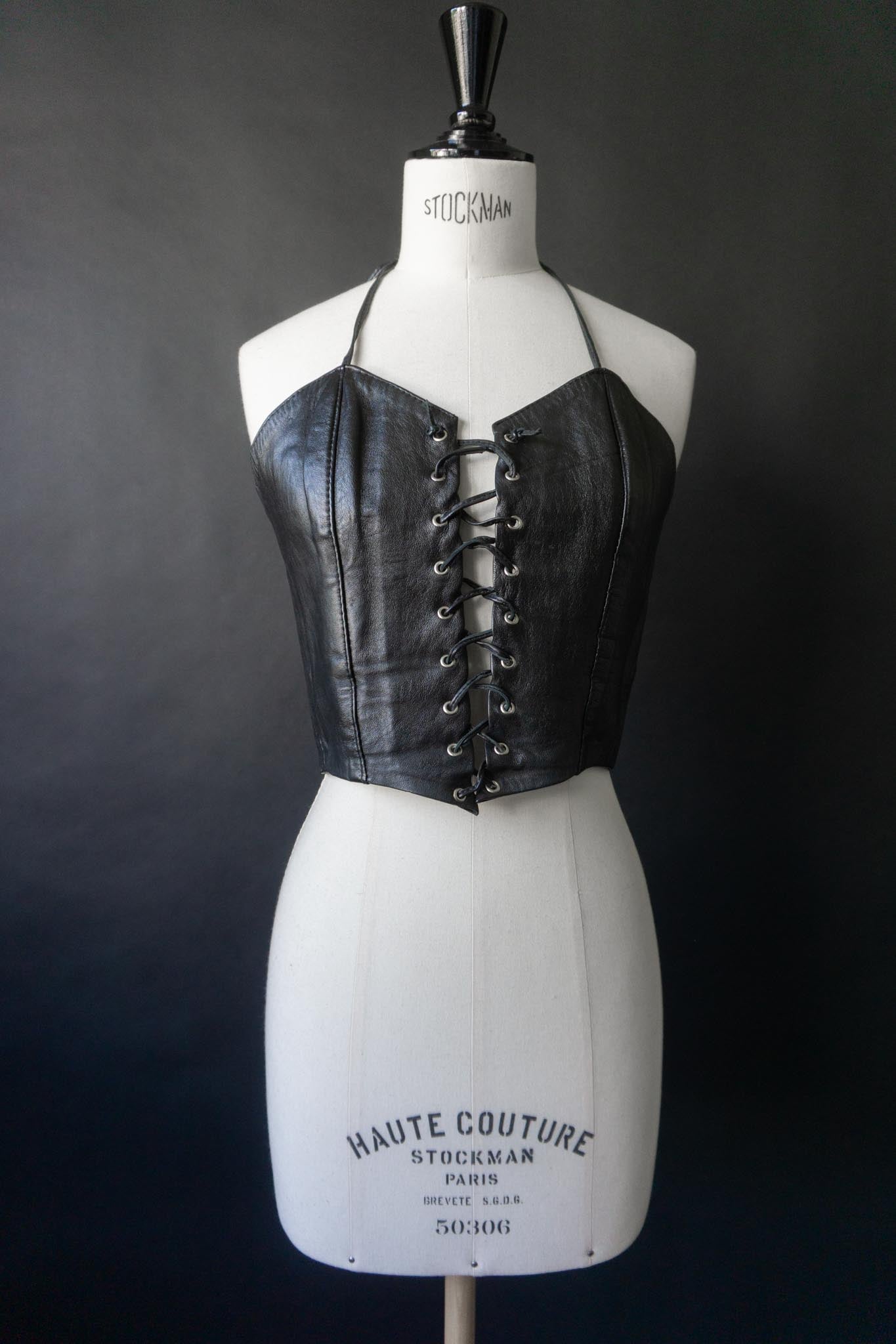 Vintage 80s Leder Neckholder Top mit Schnürung aus Echtleder, S–M