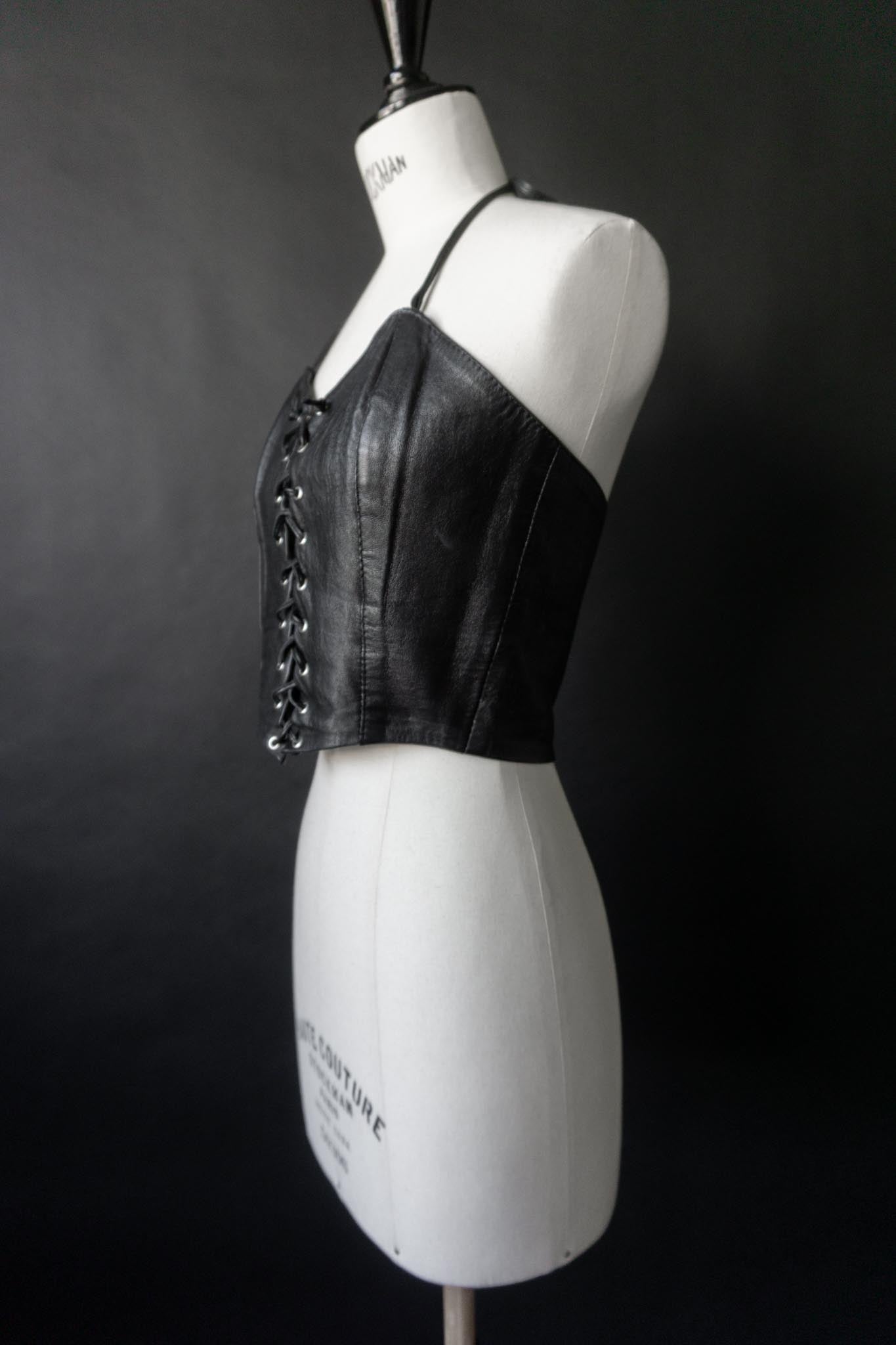Vintage 80s Leder Neckholder Top mit Schnürung aus Echtleder, S–M