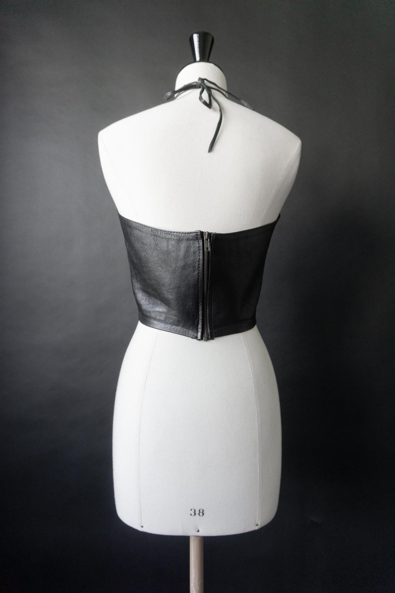 Vintage 80s Leder Neckholder Top mit Schnürung aus Echtleder, S–M