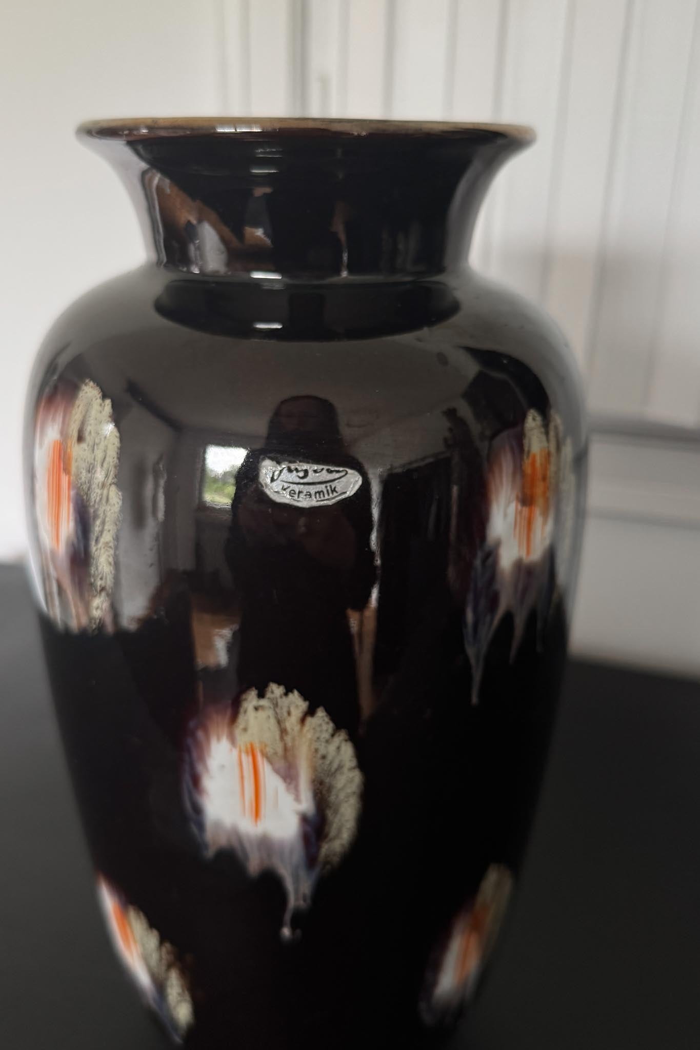 Vintage Keramikvase von Jasba – Laufglasur in Schwarzbraun | 60er/70er Jahre
