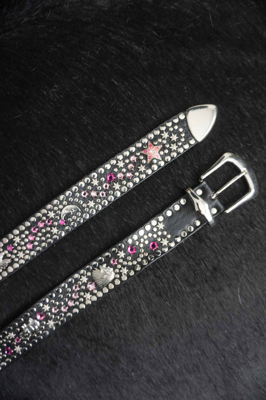 Kolster Vintage Gürtel 80s – Schwarzes Leder mit Strass & Nieten, S–XL theplaincircle vintage