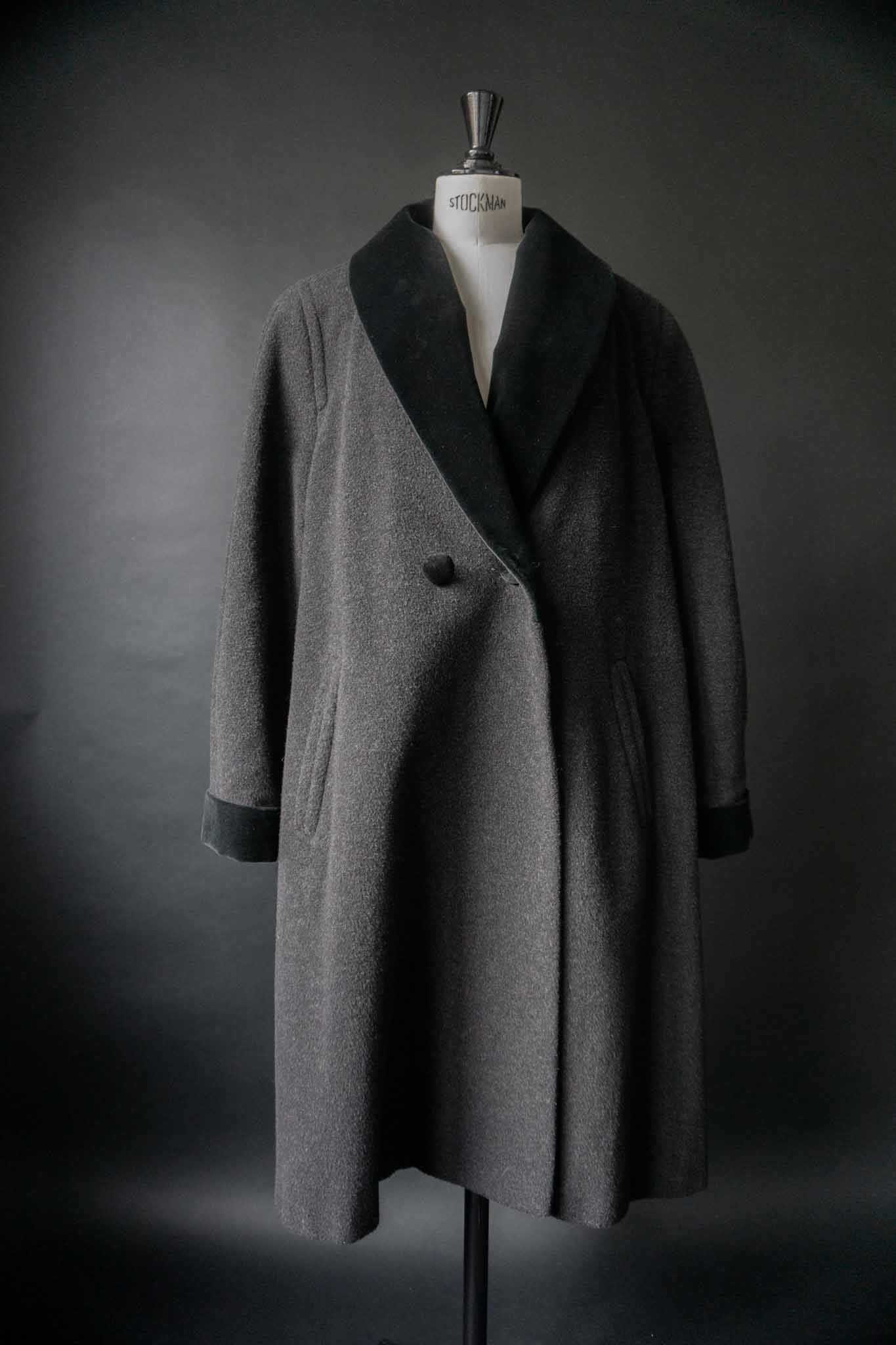 vintage wool coat with velvet shawl collar front
