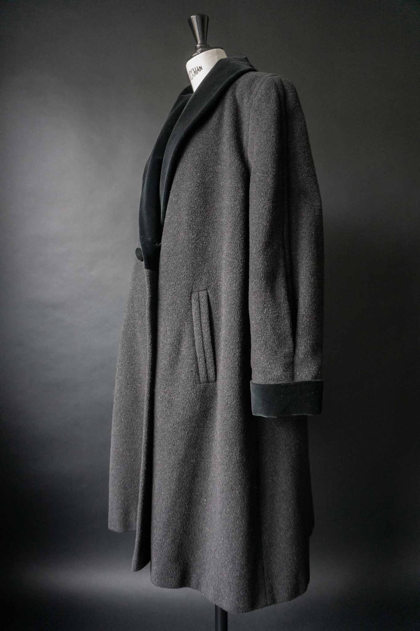 vintage wool coat with velvet shawl collar front