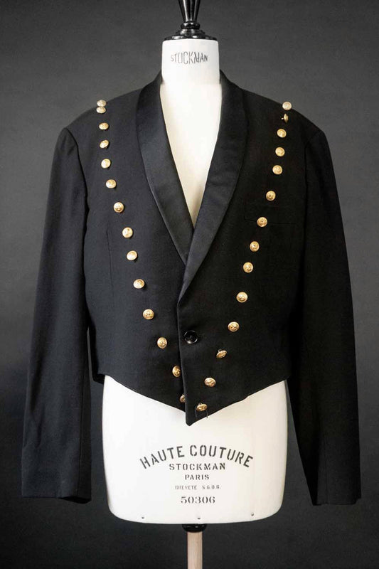 schwarzer vintage military blazer mit goldenen knöpfen aus reiner schurwolle