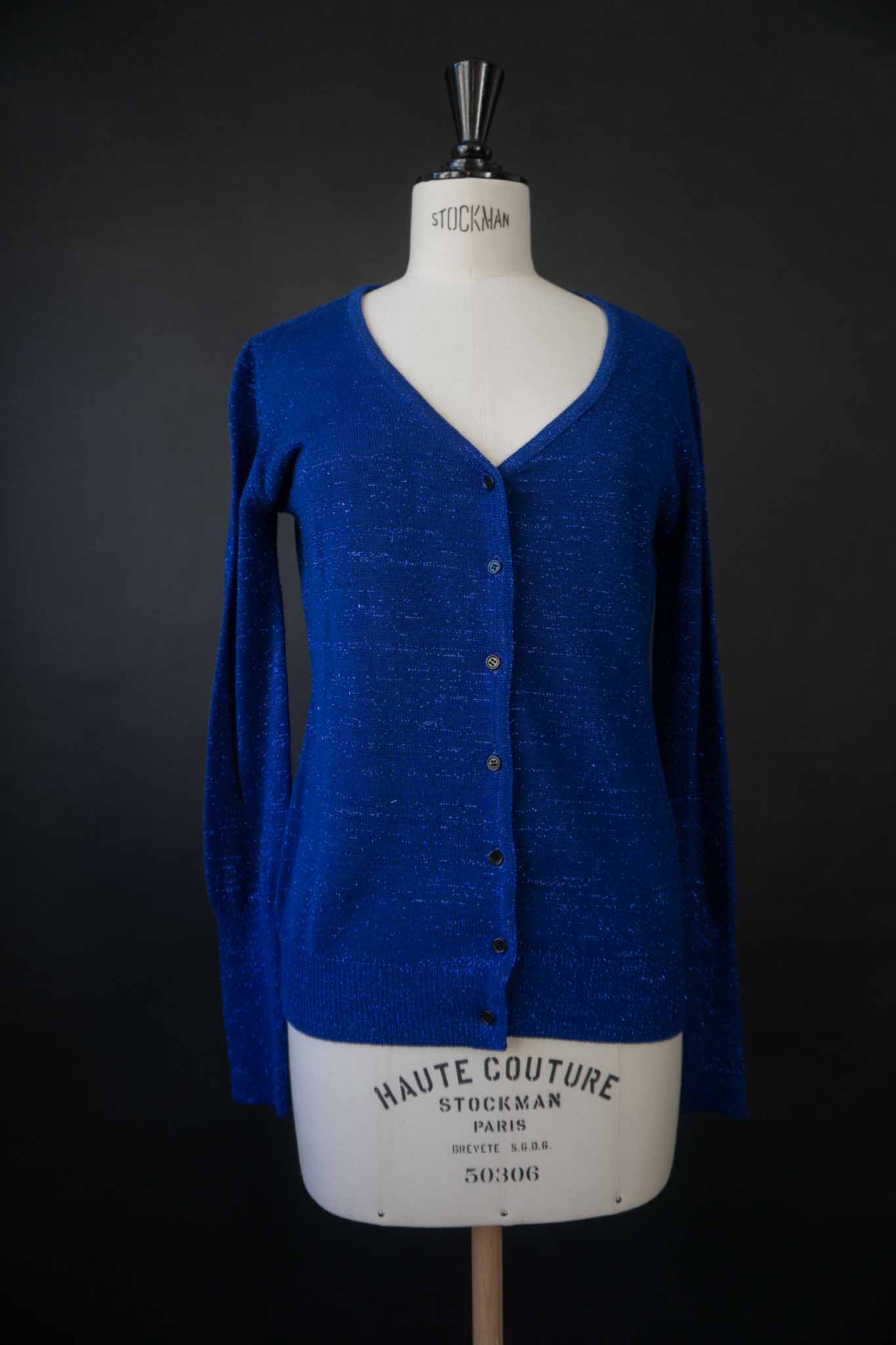 Vintage blue Lurex knit cardigan with subtle shimmer 