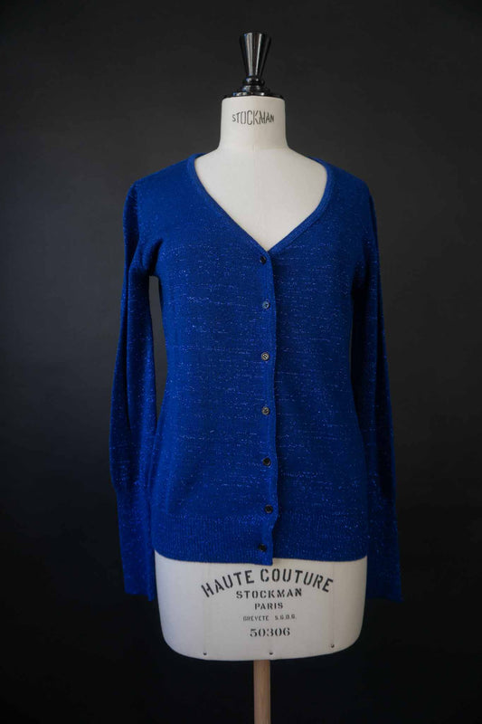Vintage blue Lurex knit cardigan with subtle shimmer 