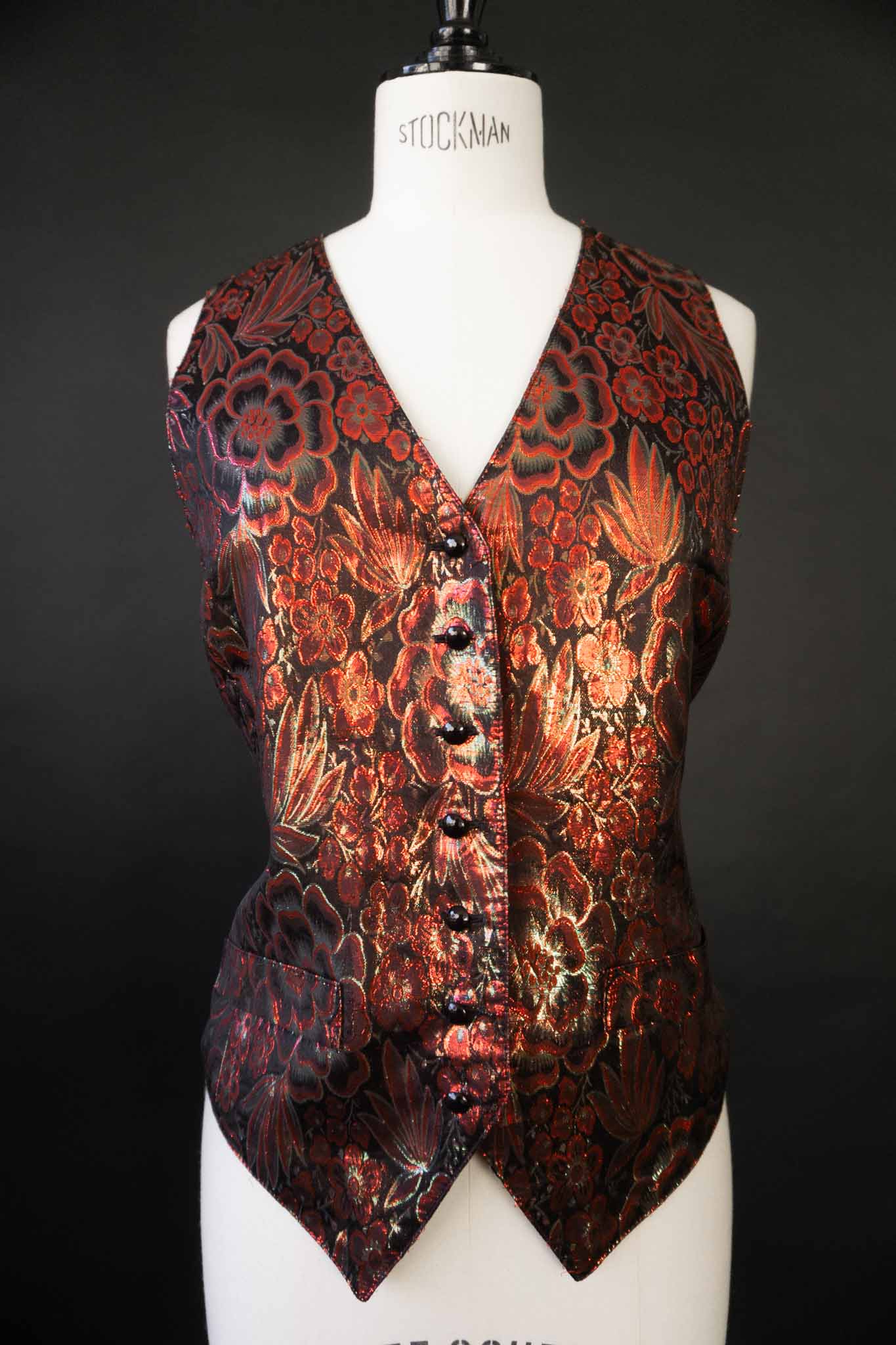 Vintage Lurex-Weste aus den späten 70ern/frühen 80ern mit kupferfarbenem Blumenmuster auf schwarzem Grund