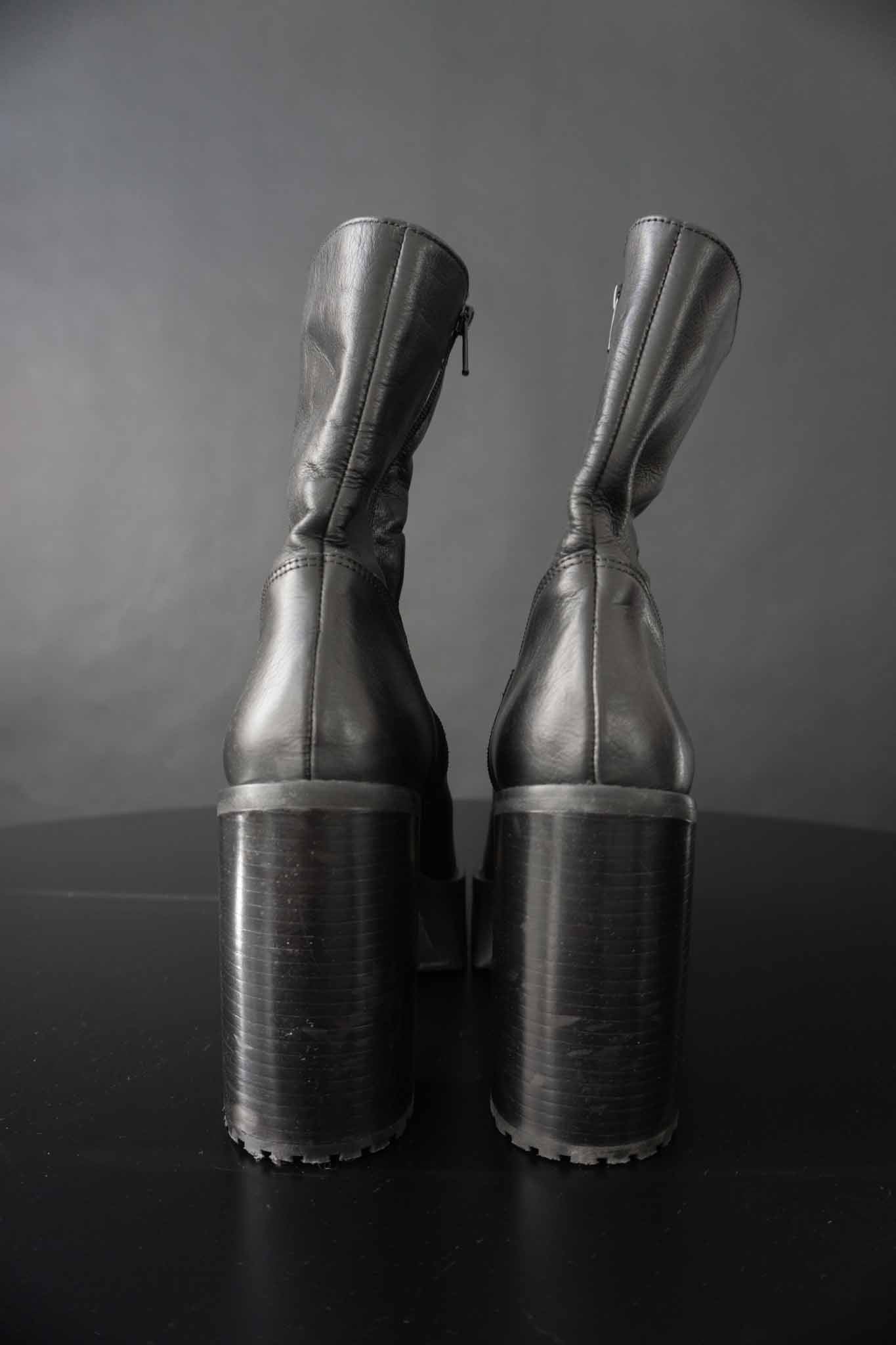 Y2K Buffalo Platform Boots schwarzes Echtleder chunky Plateauabsatz Paar – dunkles Vintage Schuhwerk 00s Retro Fashion