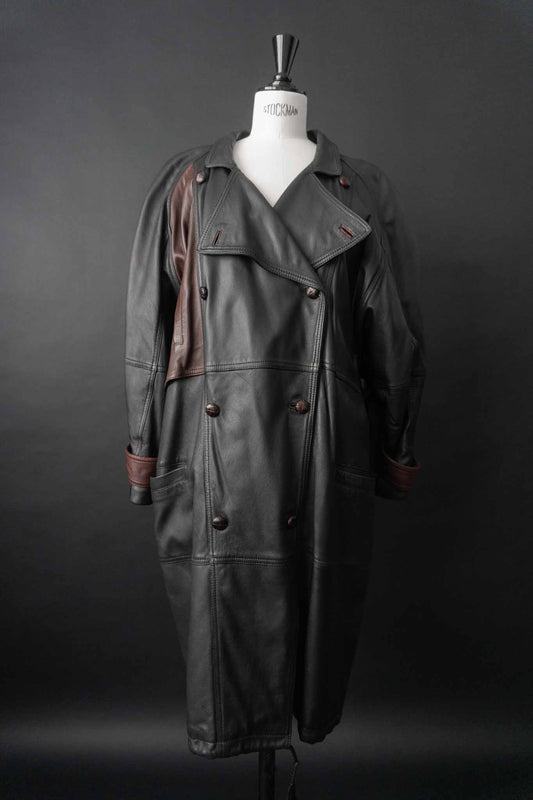 Zweifarbiger Vintage Ledermantel Schwarz und Bordeaux, 80er Jahre