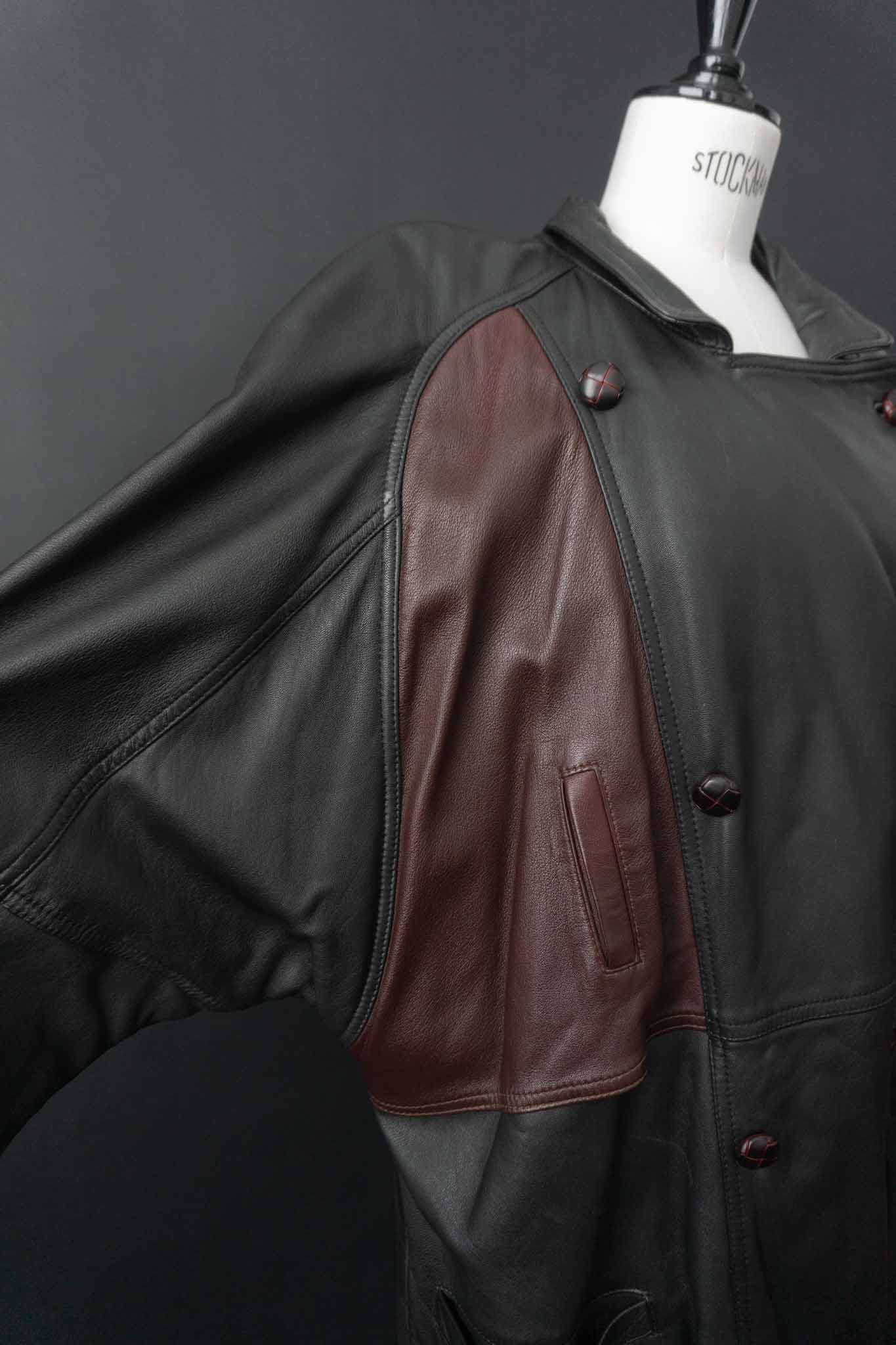 Zweifarbiger Vintage Ledermantel Schwarz und Bordeaux, 80er Jahre