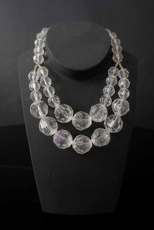 Vintage Glasperlen Kette mit facettierten, transparenten Kristallperlen