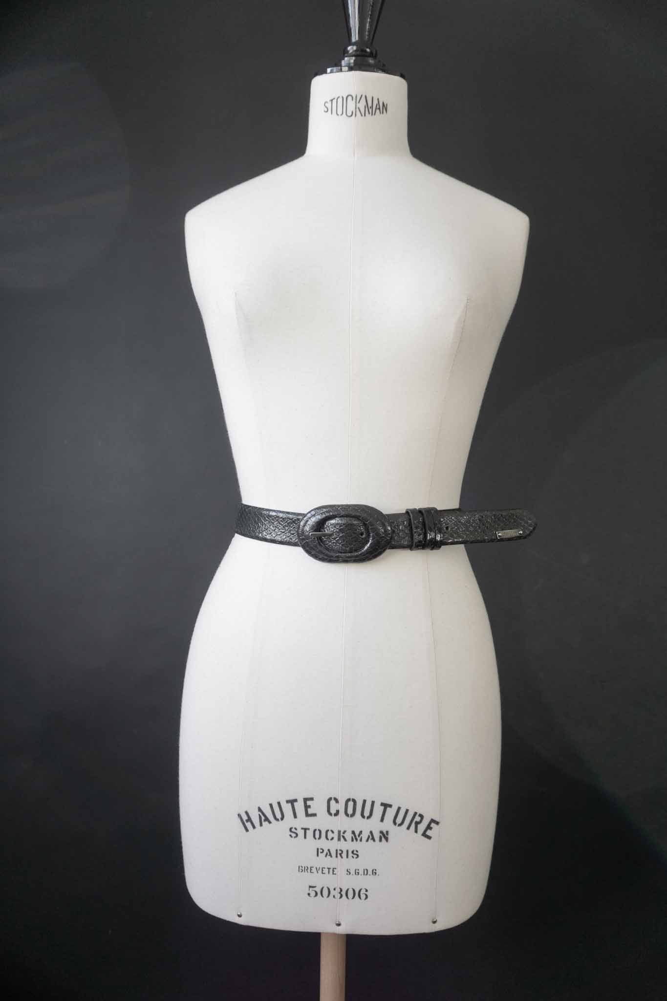 Max Mara Gürtel Echtleder Snake-Prägung tiefes Petrolblau-Grün ovale Schnalle Made in Italy