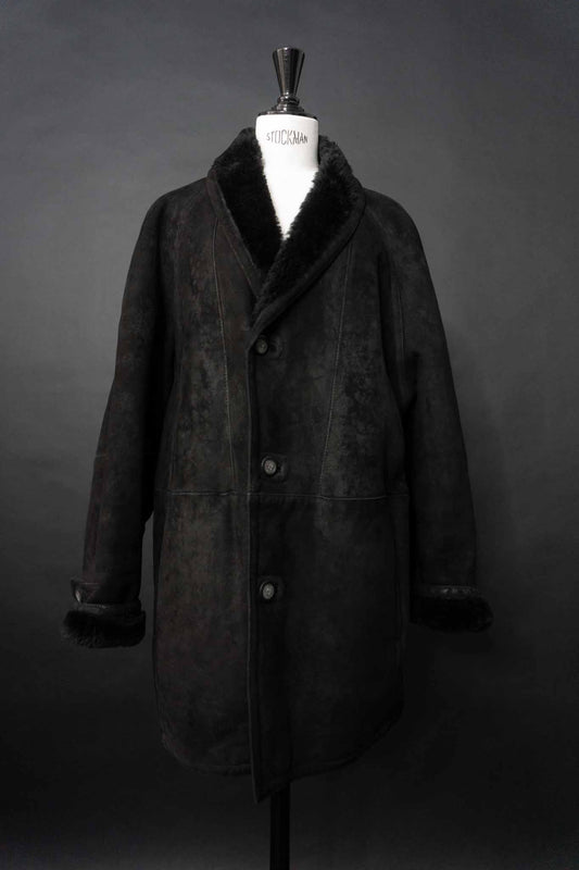 Schwarzer Vintage Shearling Lammfellmantel aus echtem Lammfell mit schwarzem Innenfutter