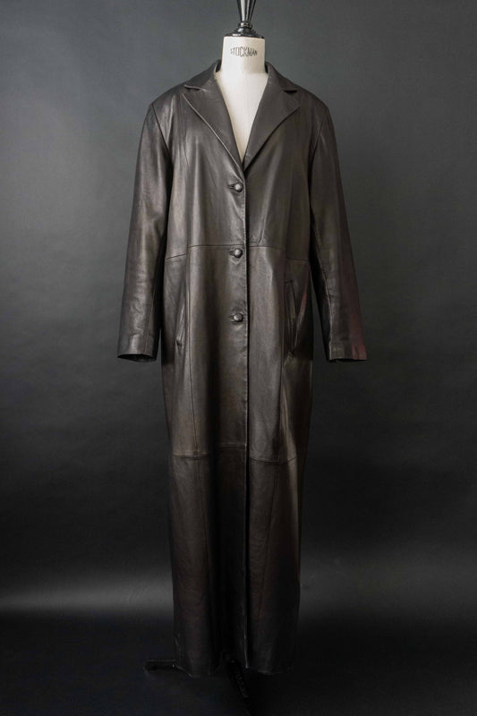 Schwarzer Vintage Echtledermantel aus Lammnappa mit blutrotem Futter – 90er Jahre Ledermantel Damen