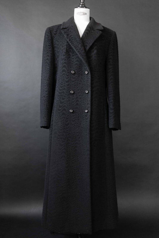 Schwarzer Vintage Wollmantel von Laurel aus den 90er Jahren mit strukturierter Oberfläche und doppelreihiger Knopfleiste