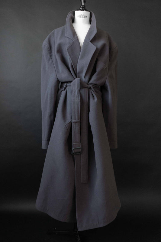 Oversized taubenblauer Vintage Mantel aus Kaschmir-Wollmix mit Gürtel, 80er Jahre