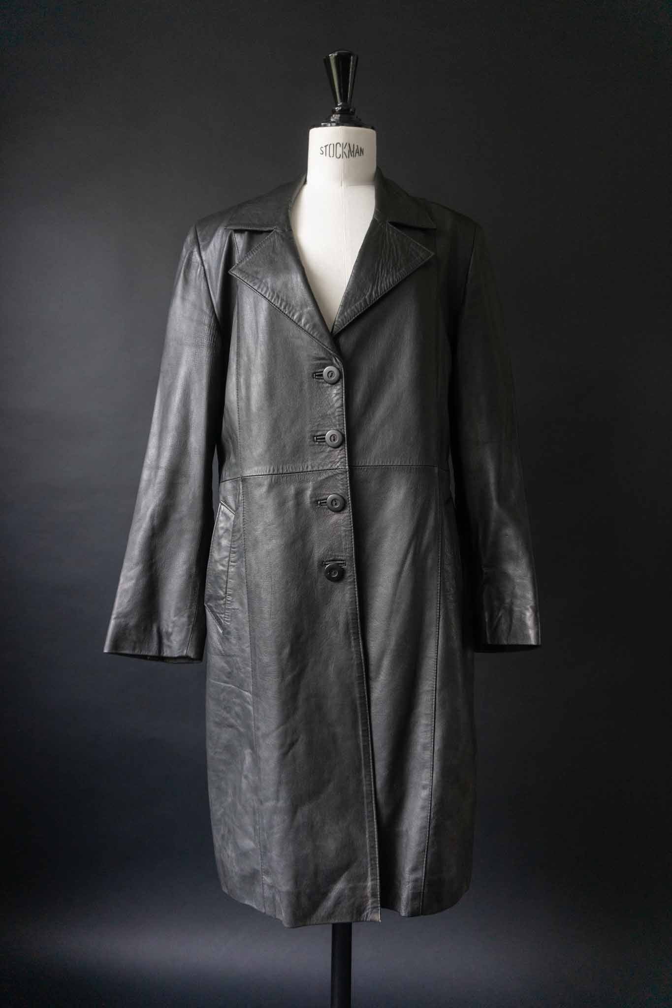 Schwarzer Vintage Ledermantel aus Echtleder, 90er Jahre Stil