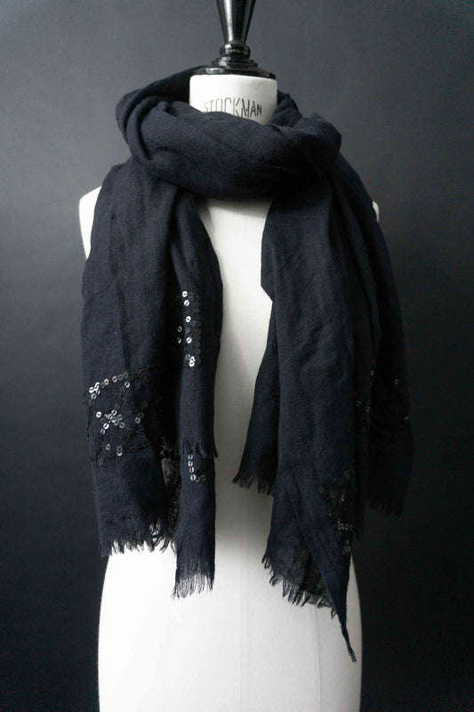 Laurel Escada Vintage Schal aus reiner Wolle in Mitternachtsblau mit Pailletten-Detail am Rand