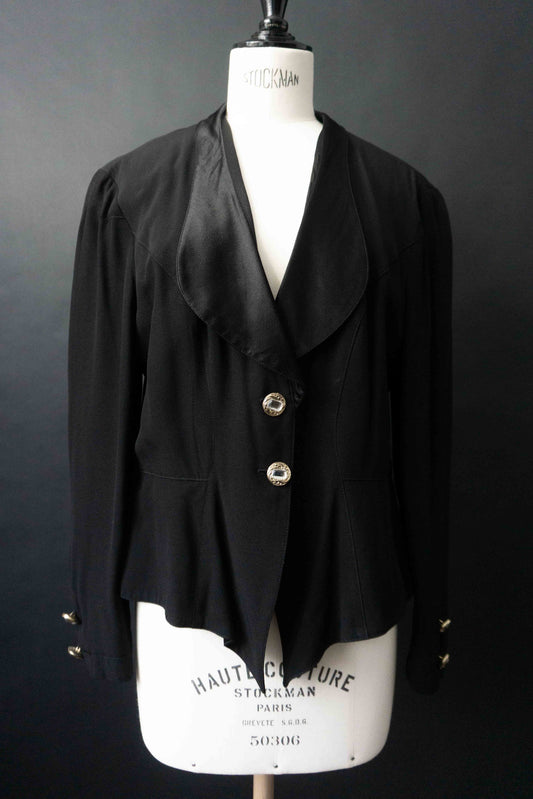 Vintage 80er Jahre Blazer schwarz mit glänzendem Satin-Revers und goldenen Schmuckknöpfen