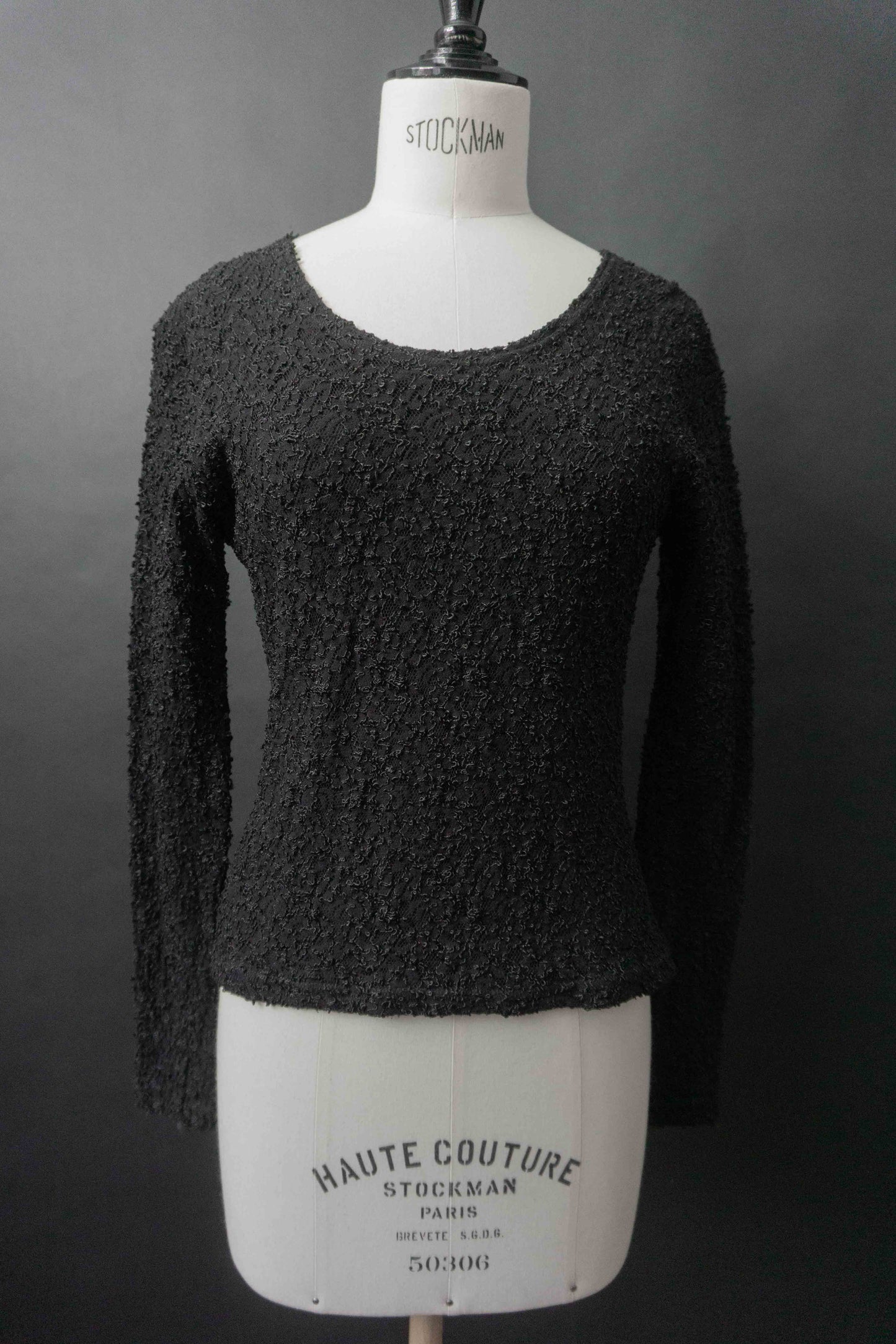 Vintage Longsleeve schwarz – strukturiertes Stretch Top, S–M theplaincircle vintage