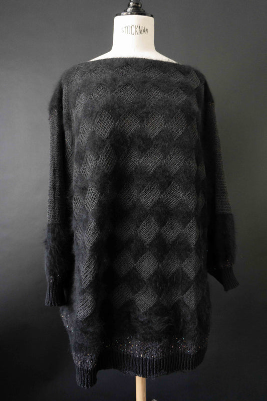 Handgestrickter schwarzer Vintage Angora Wollpullover mit Lurex Details und U-Boot-Ausschnitt