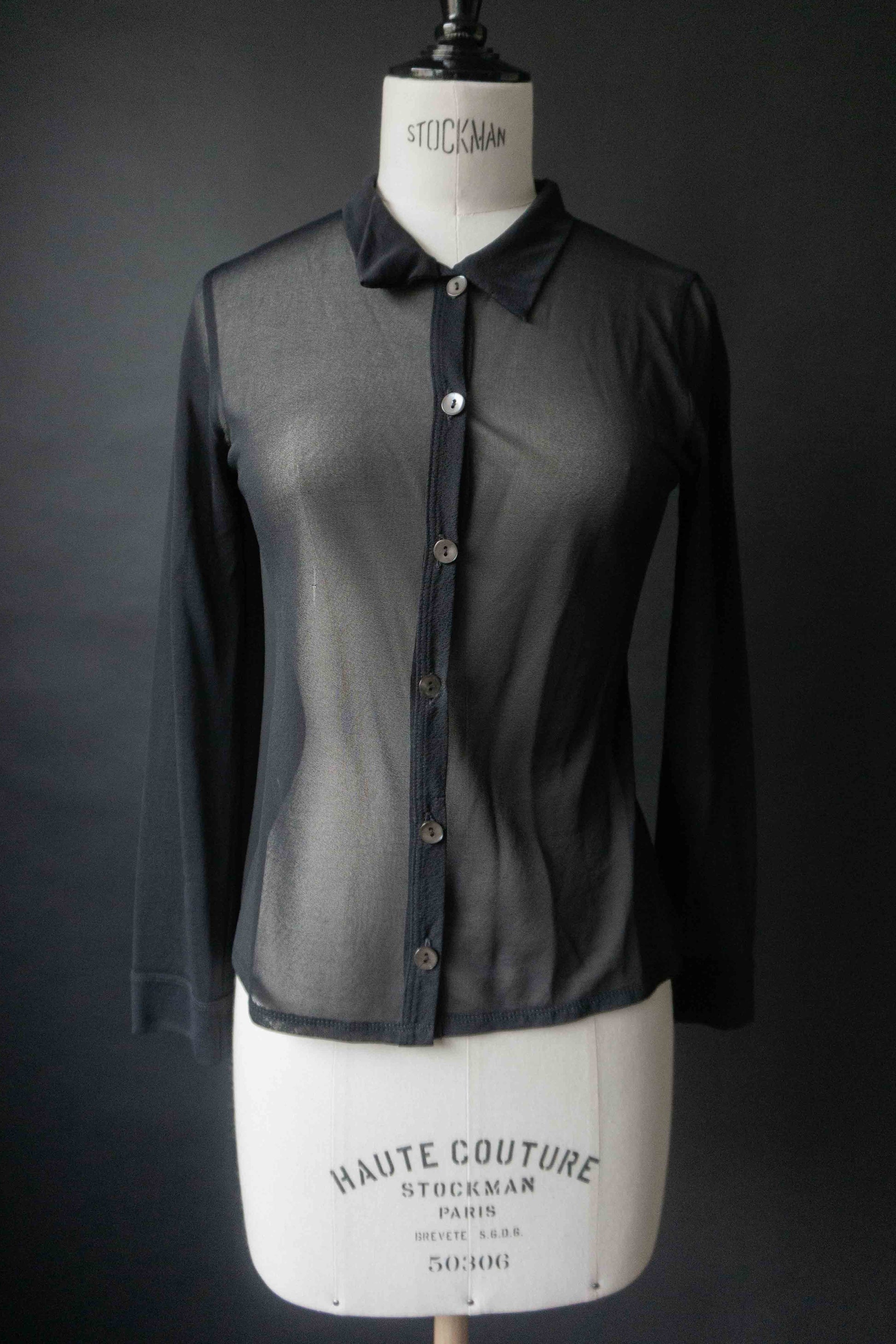 Vintage Mesh Bluse schwarz transparent – 90s Layering Bluse mit Knopfleiste, XS–S theplaincircle vintage